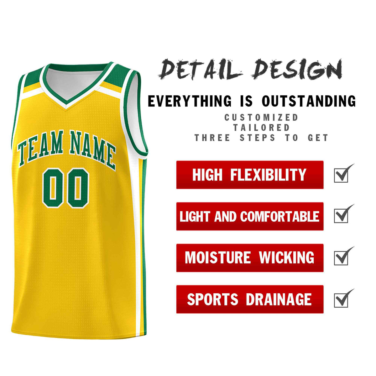 Custom Gold Kelly Green White Trendy Color Charge Series Sports Uniform Basketball Jersey