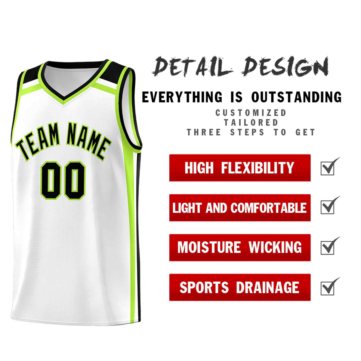 Custom White Black Neon Green Trendy Color Charge Series Sports Uniform Basketball Jersey