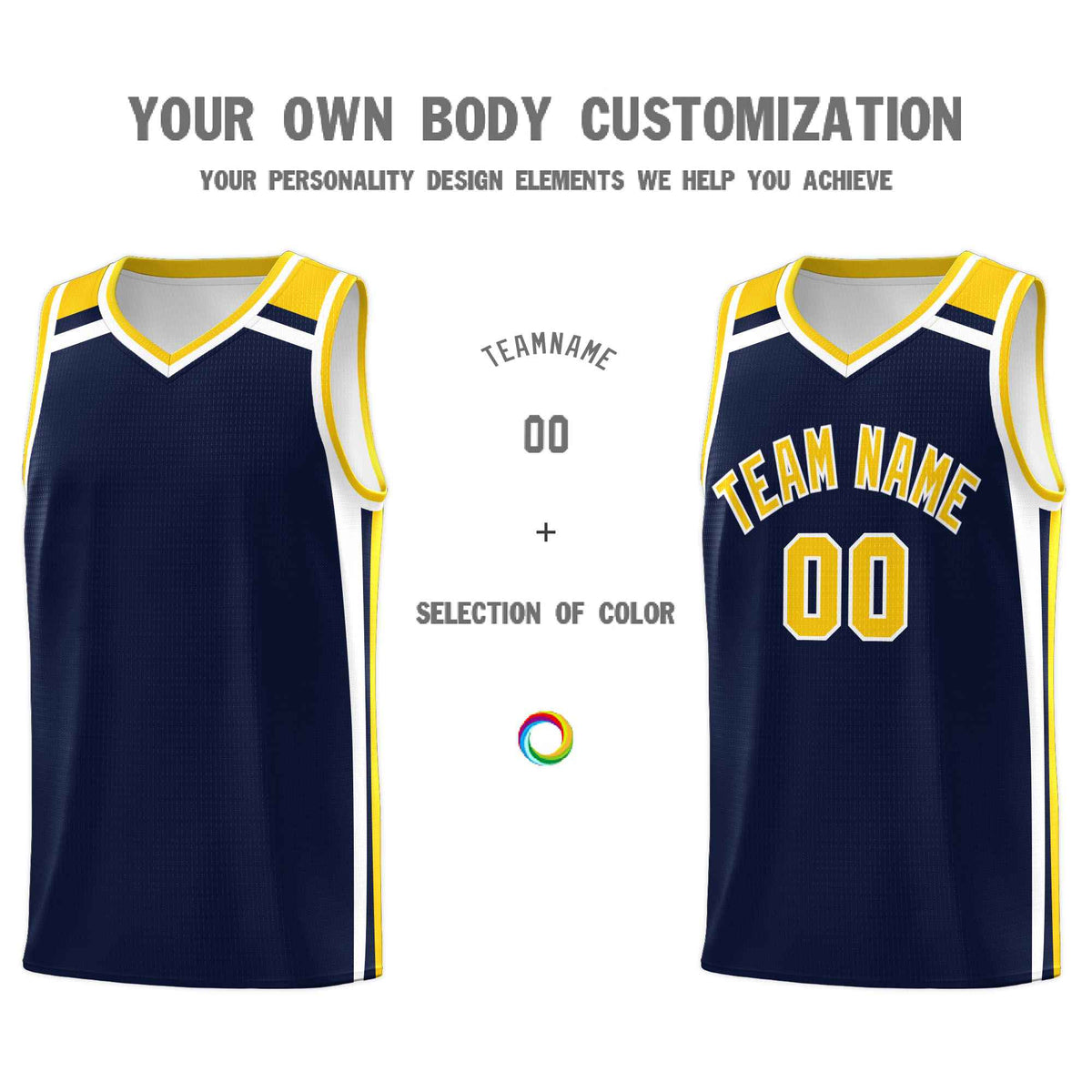 Custom Navy Gold White Trendy Color Charge Series Sports Uniform Basketball Jersey