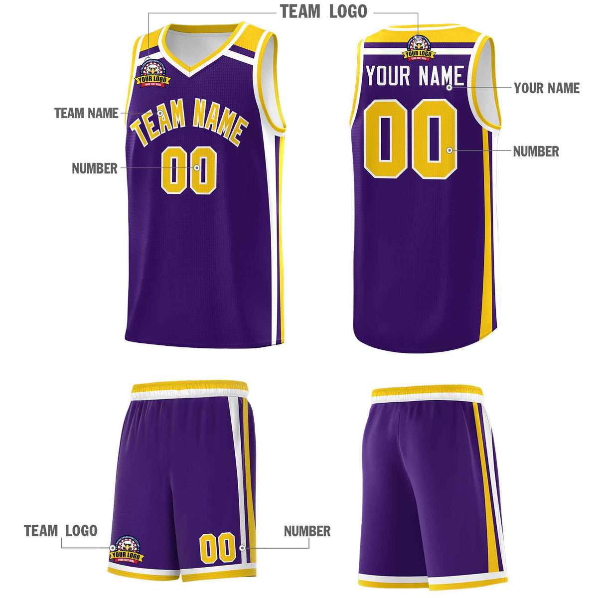 Custom Purple Gold White Trendy Color Charge Series Sports Uniform Basketball Jersey