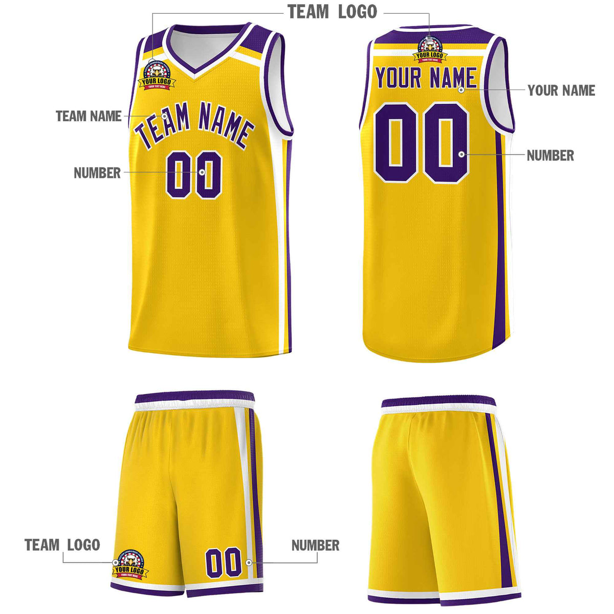 Custom Gold Purple White Trendy Color Charge Series Sports Uniform Basketball Jersey