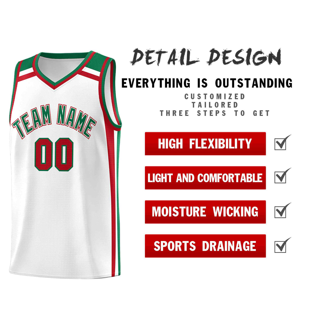 Custom White Kelly Green Red Trendy Color Charge Series Sports Uniform Basketball Jersey