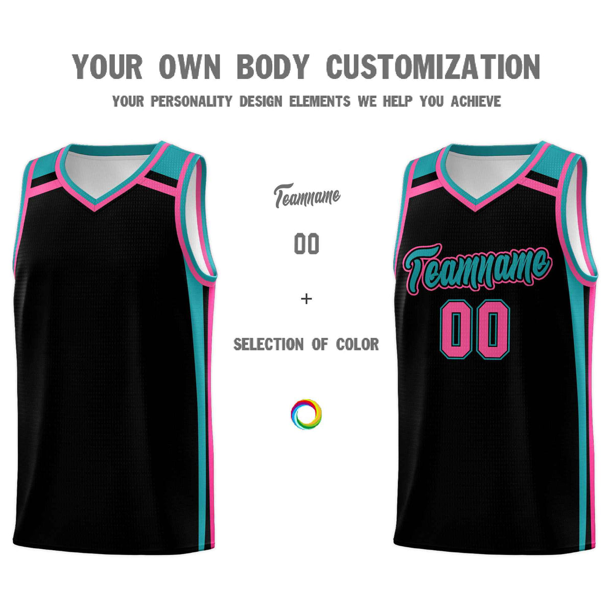 Custom Black Aqua Pink Trendy Color Charge Series Sports Uniform Basketball Jersey