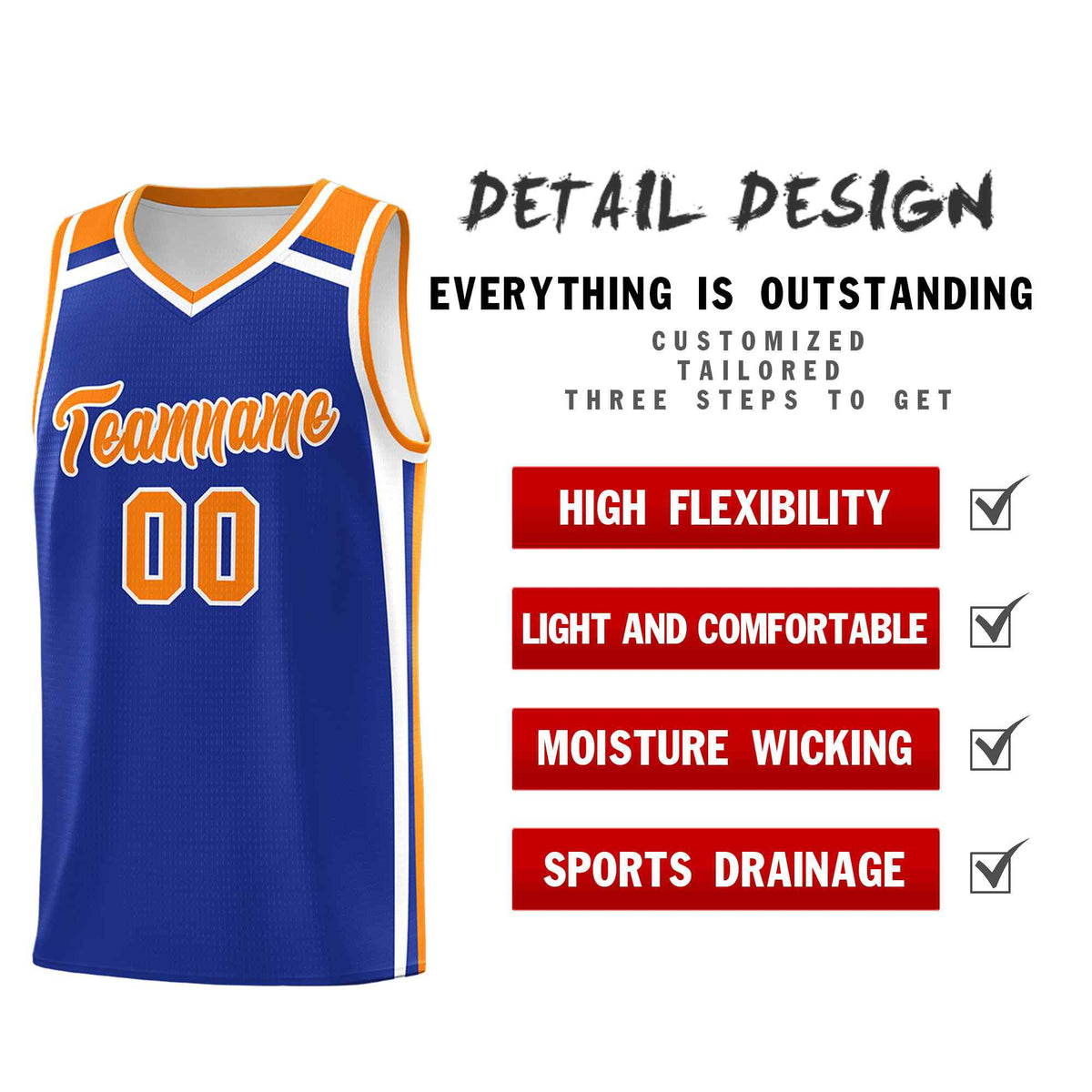 Custom Royal Blue White Orange Trendy Color Charge Series Sports Uniform Basketball Jersey
