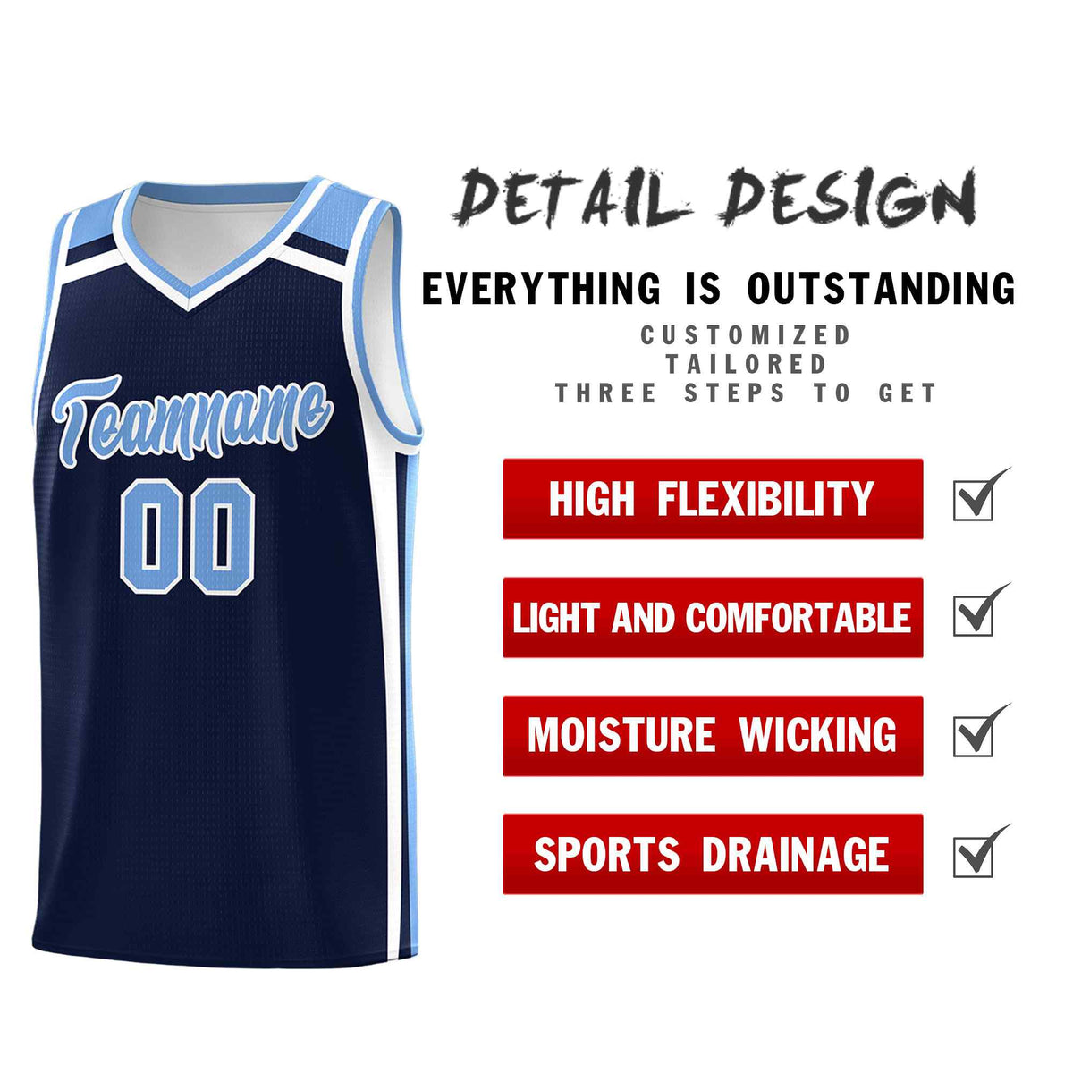 Custom Navy Light Blue White Trendy Color Charge Series Sports Uniform Basketball Jersey