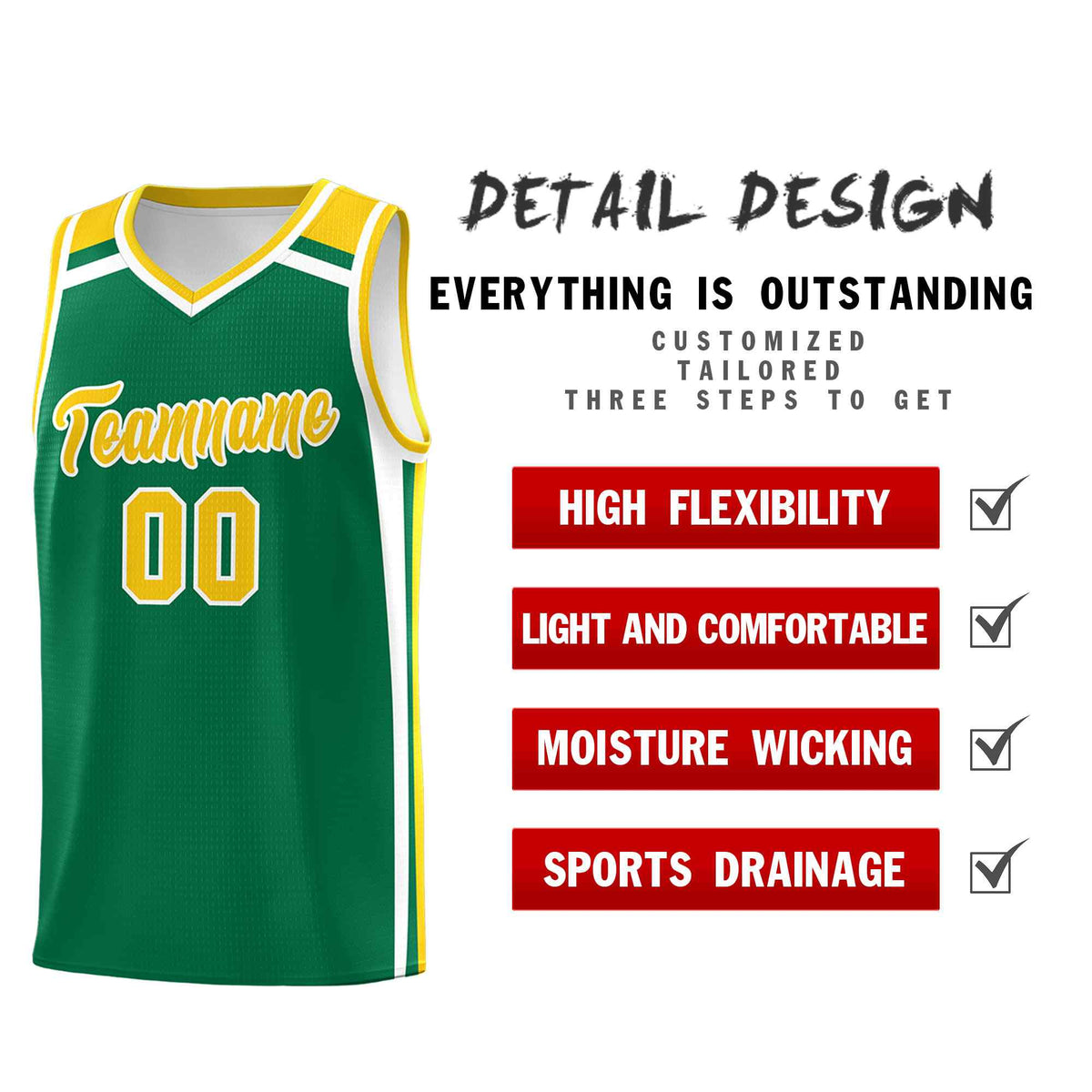 Custom Kelly Green Gold White Trendy Color Charge Series Sports Uniform Basketball Jersey