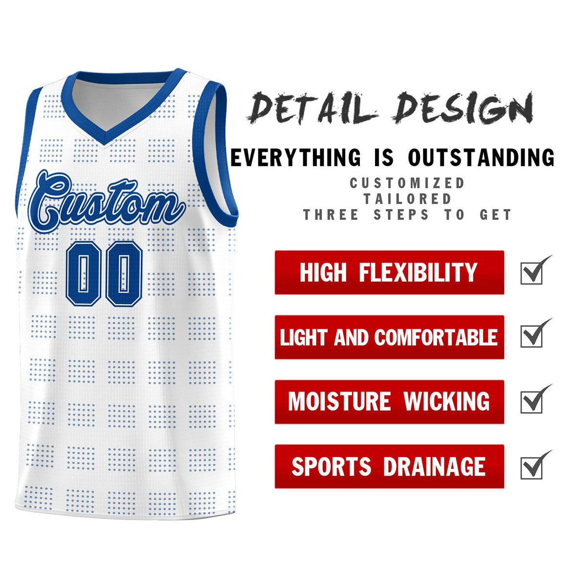 Custom White Royal Trailblazer Dot Pattern Sports Uniform Basketball Jersey