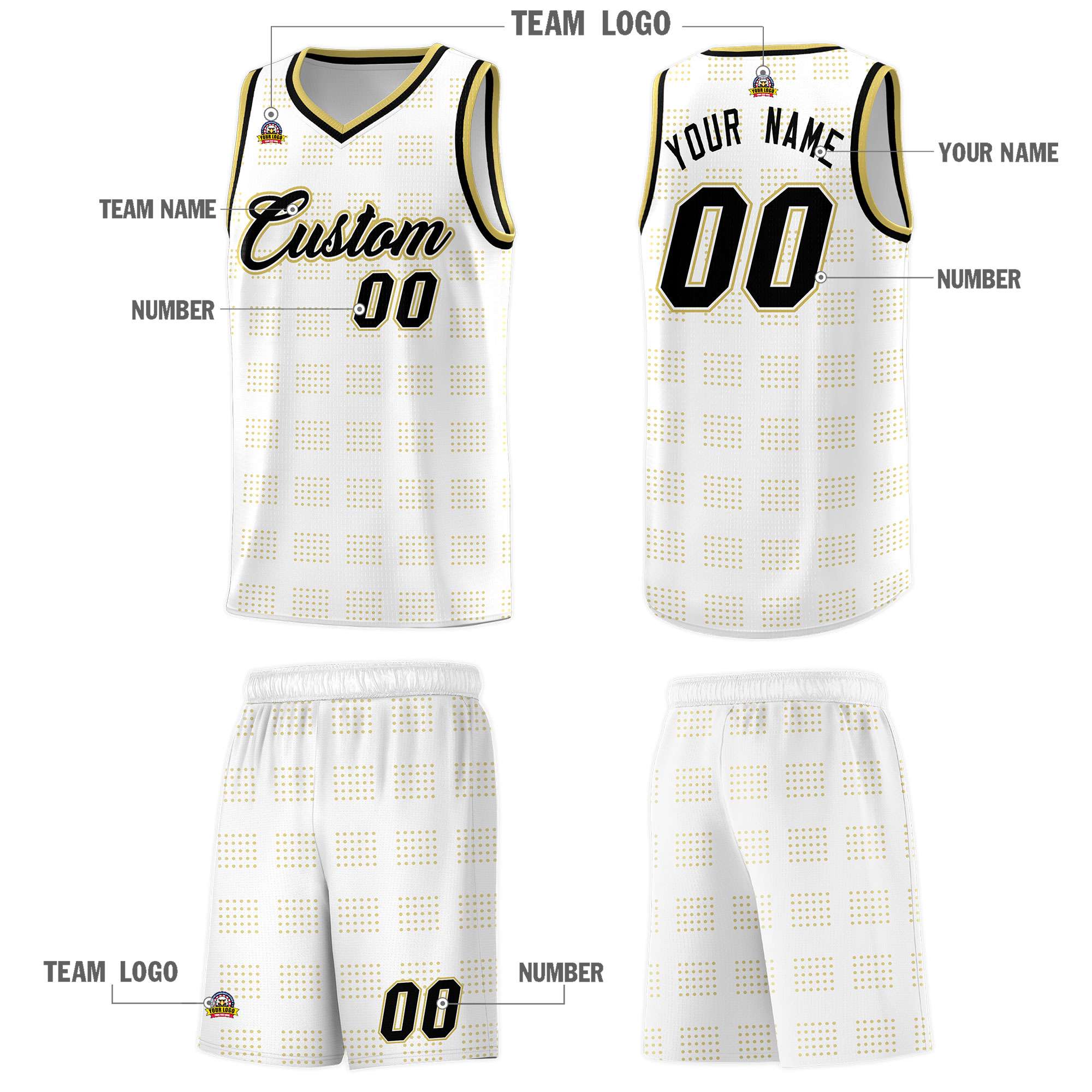 Custom White Old Gold Trailblazer Dot Pattern Sports Uniform Basketball Jersey