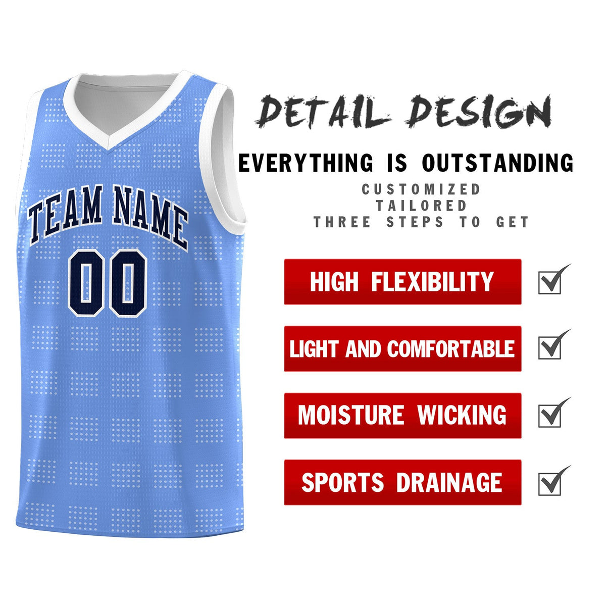 Custom Light Blue White Trailblazer Dot Pattern Sports Uniform Basketball Jersey