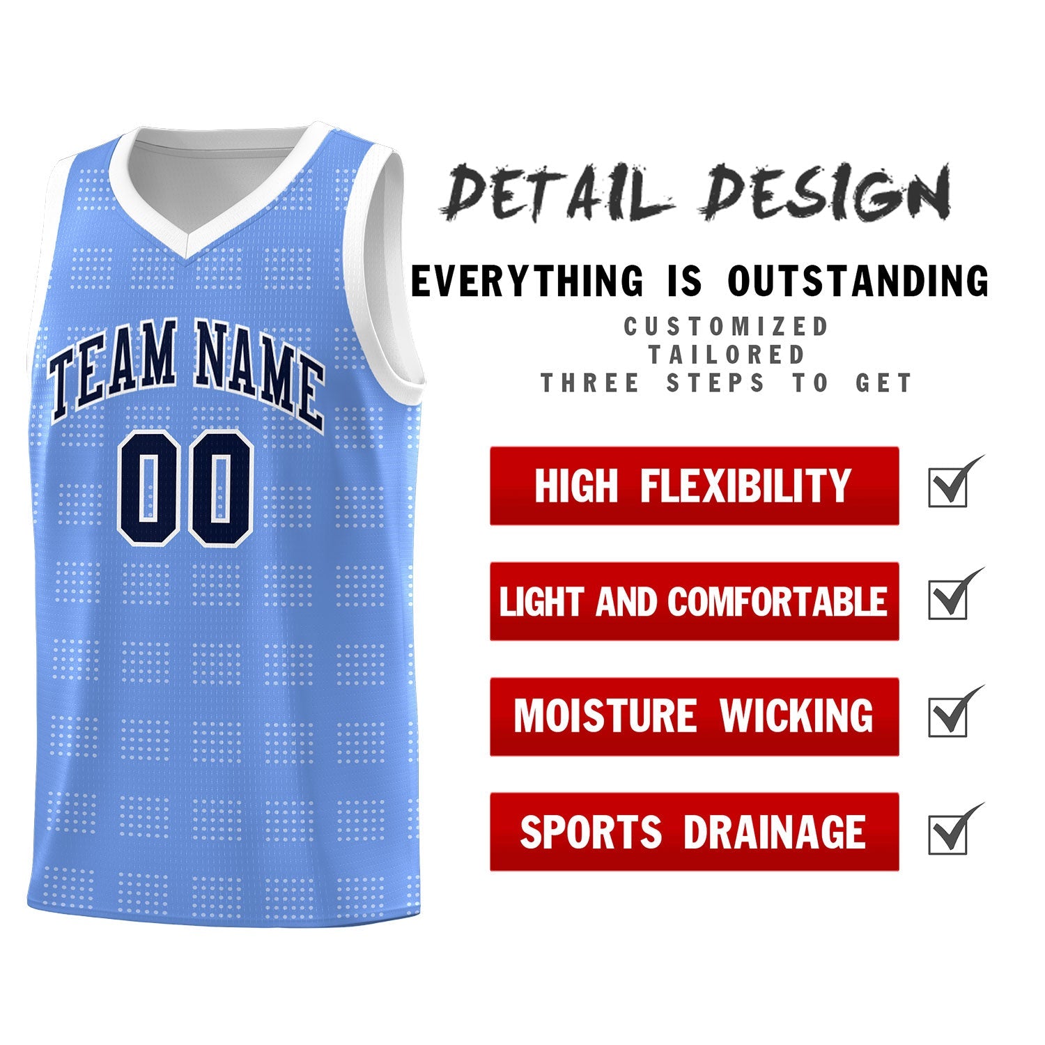 Custom Light Blue White Trailblazer Dot Pattern Sports Uniform Basketball Jersey