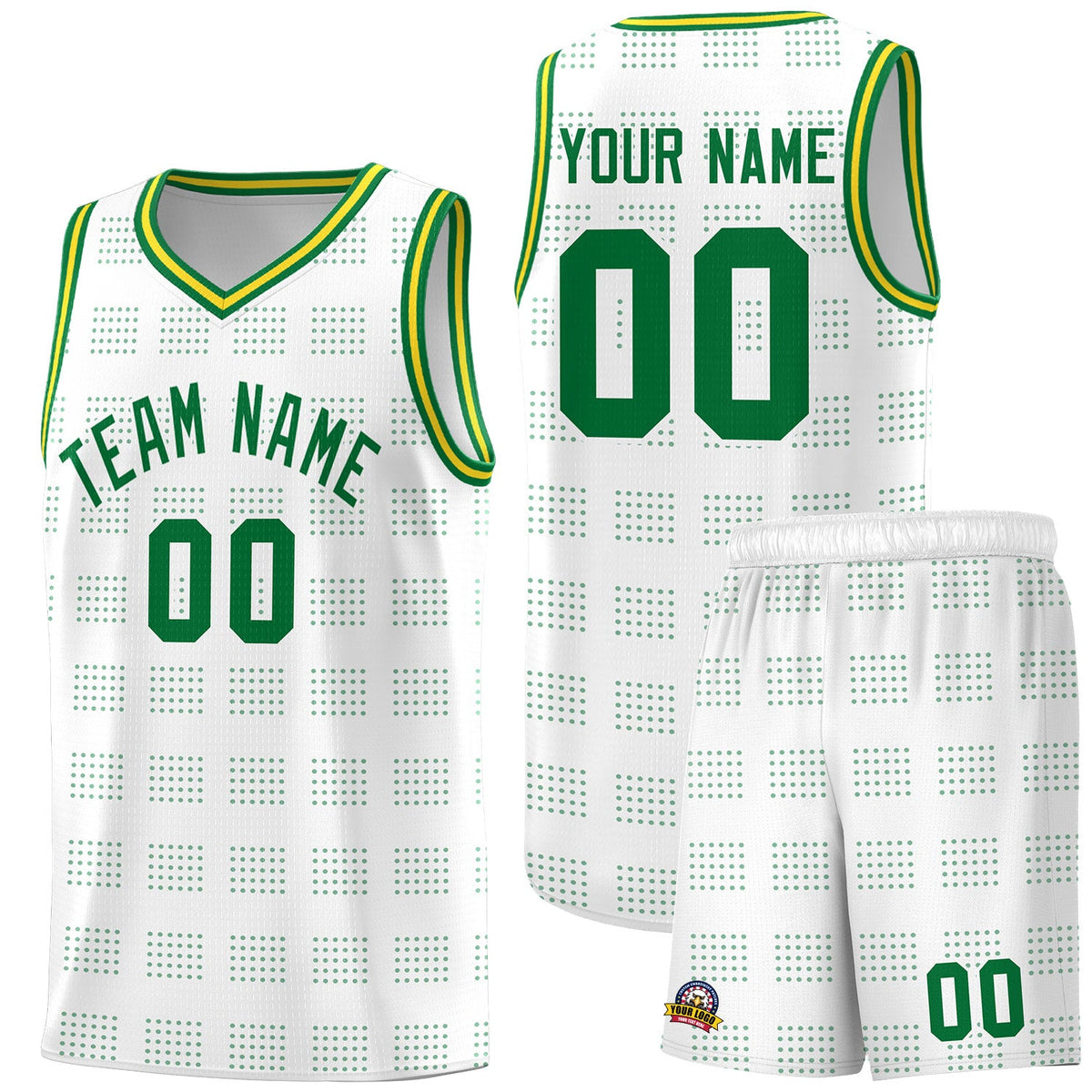 Custom White Kelly Green Trailblazer Dot Pattern Sports Uniform Basketball Jersey
