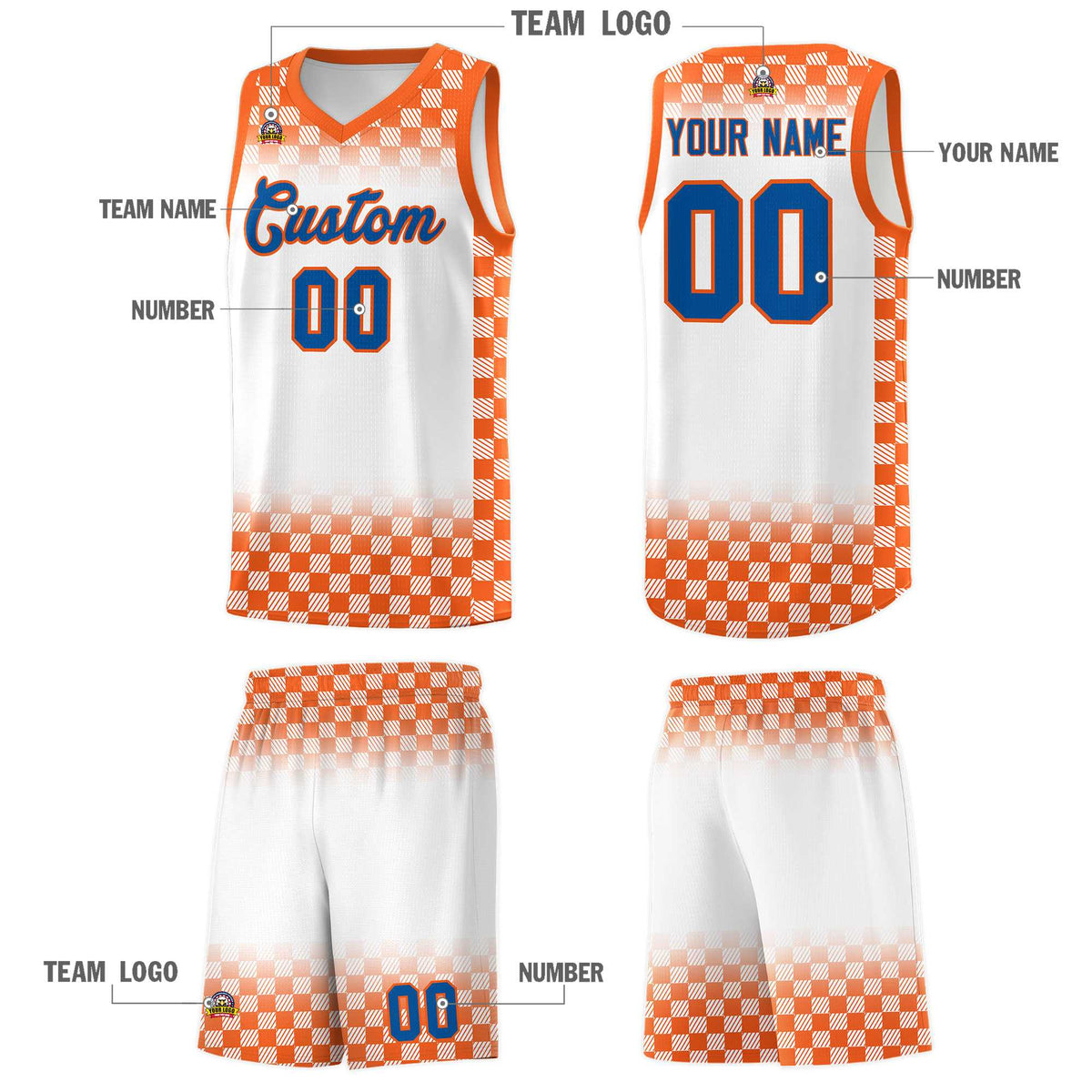 Custom White Orange Classic Plaid Pattern Sports Uniform Basketball Jersey