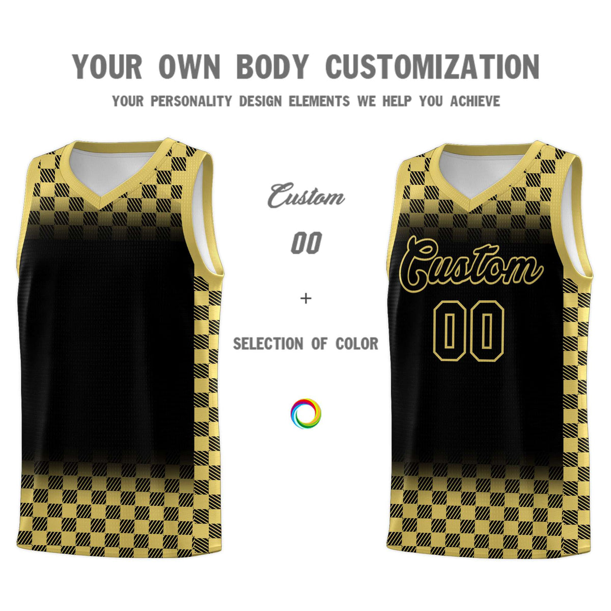 Custom Black Old Gold Classic Plaid Pattern Sports Uniform Basketball Jersey