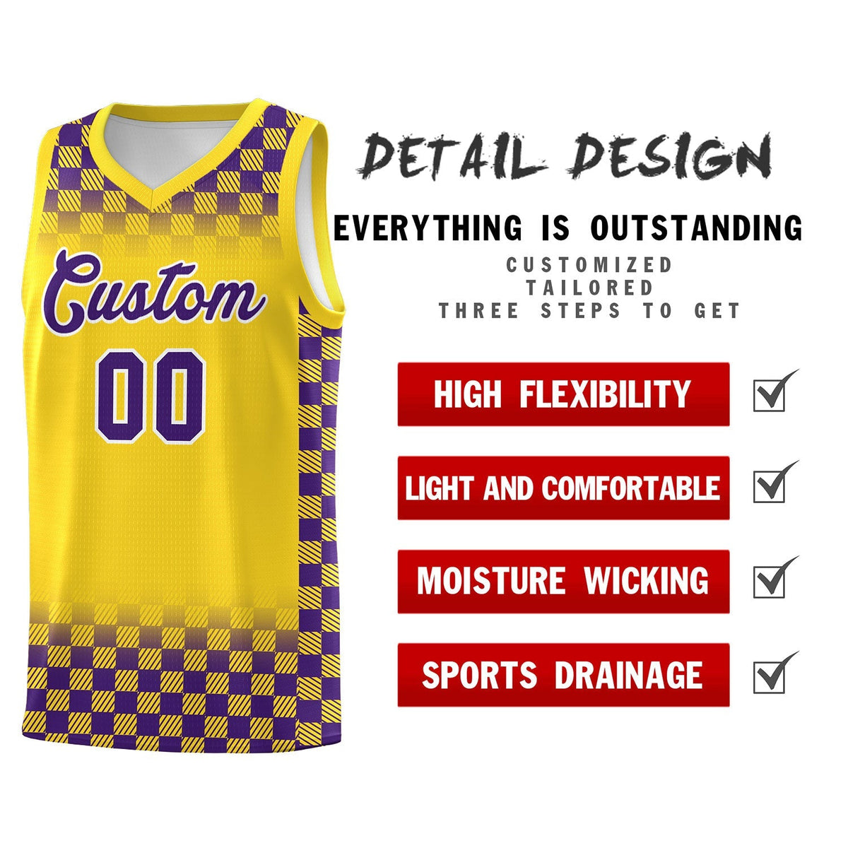 Custom Gold Purple Classic Plaid Pattern Sports Uniform Basketball Jersey