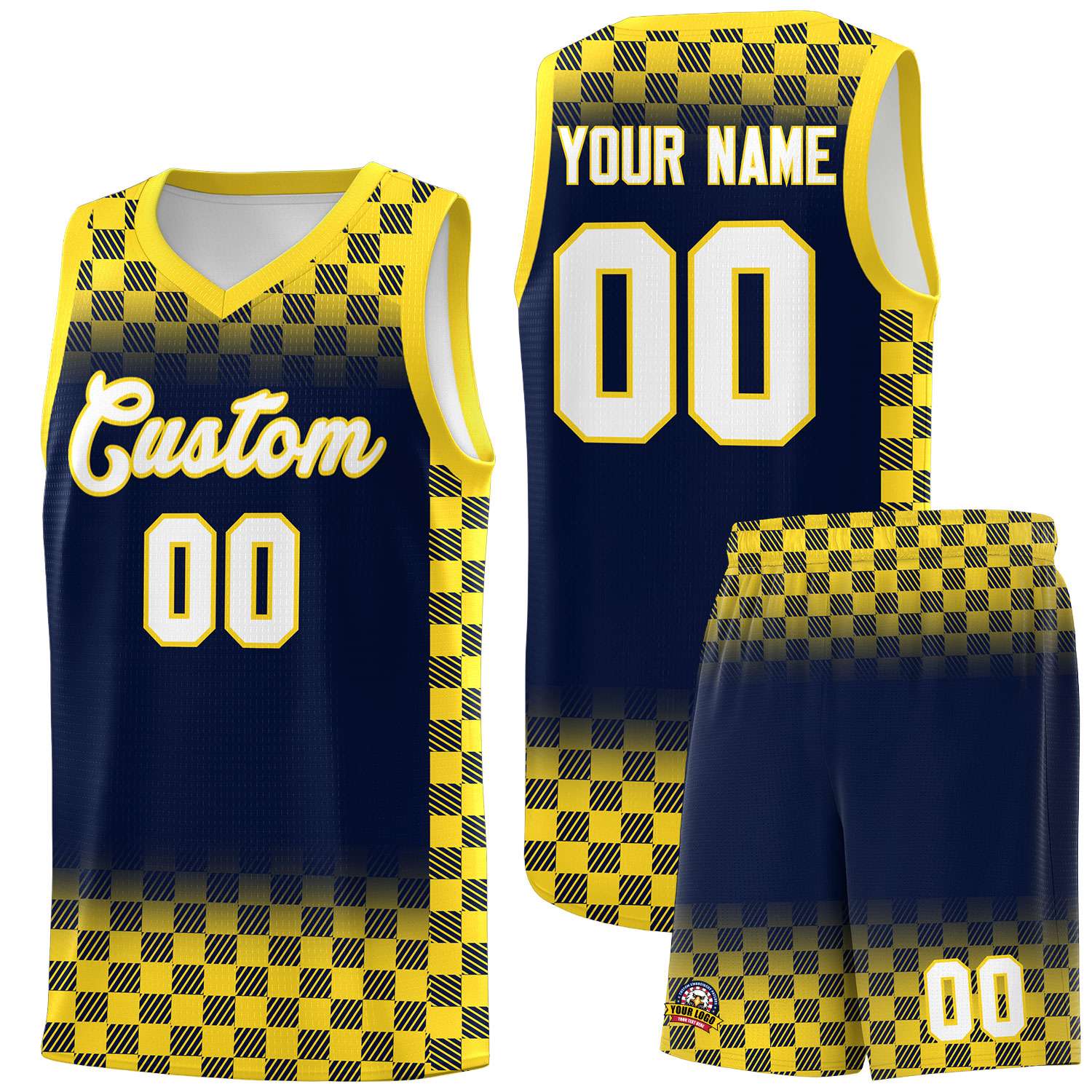 Custom Navy Gold Classic Plaid Pattern Sports Uniform Basketball Jersey