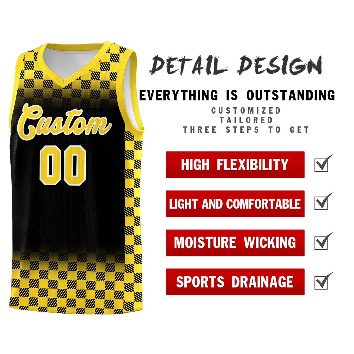Custom Black Gold Classic Plaid Pattern Sports Uniform Basketball Jersey