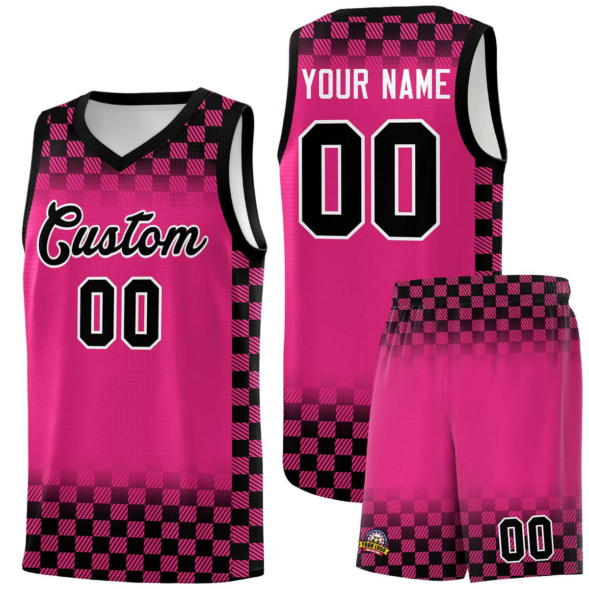 Custom Pink Black Classic Plaid Pattern Sports Uniform Basketball Jersey