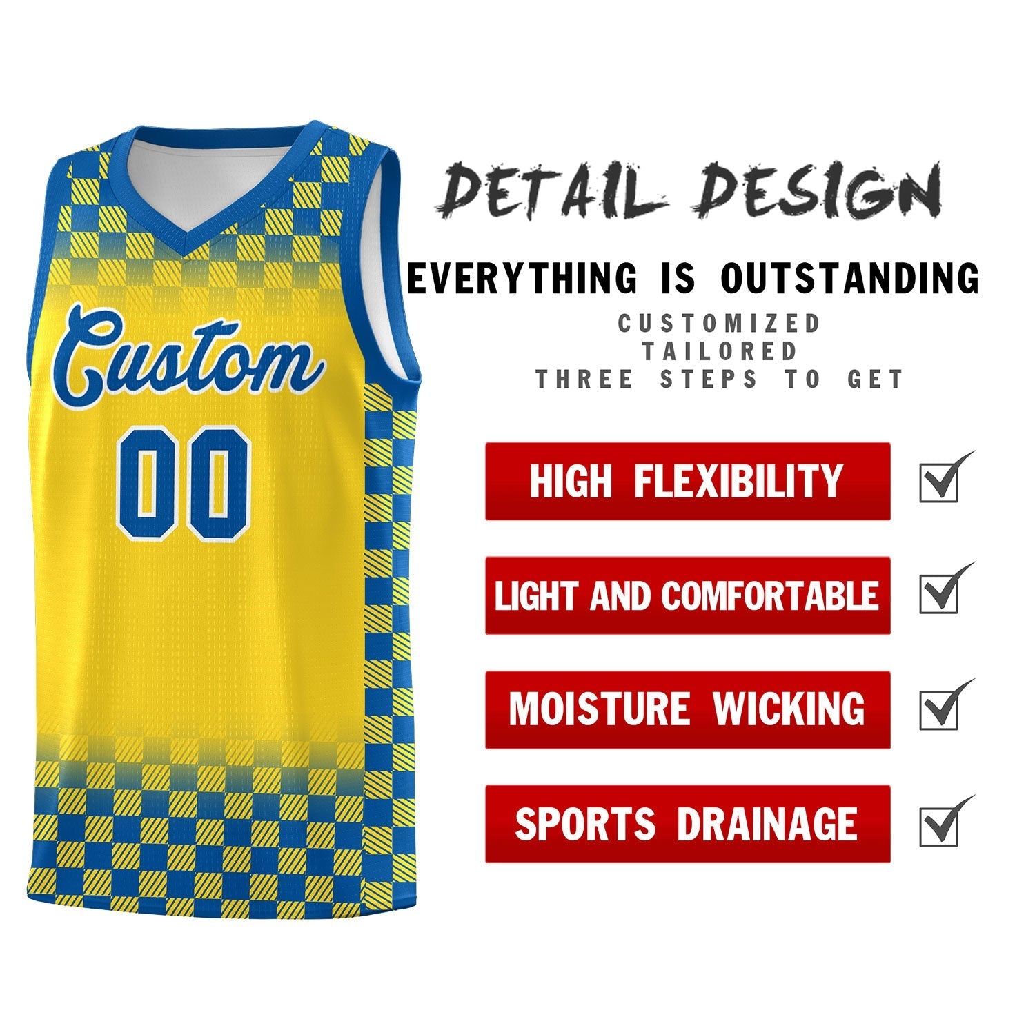Custom Gold Royal Classic Plaid Pattern Sports Uniform Basketball Jersey