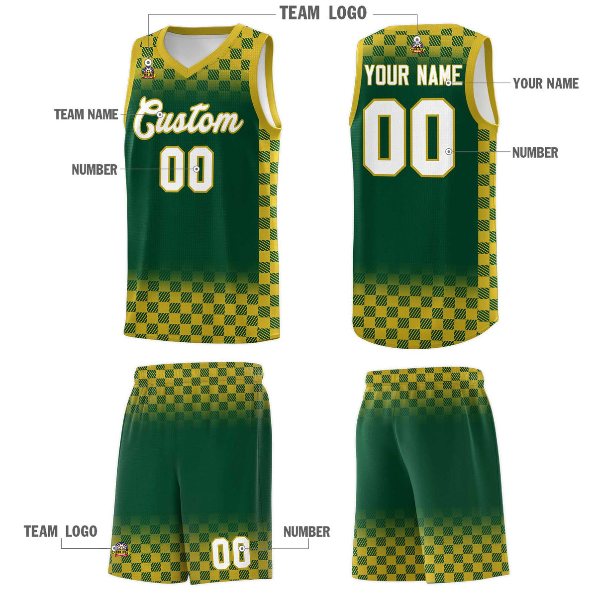 Custom Green Old Gold Classic Plaid Pattern Sports Uniform Basketball Jersey