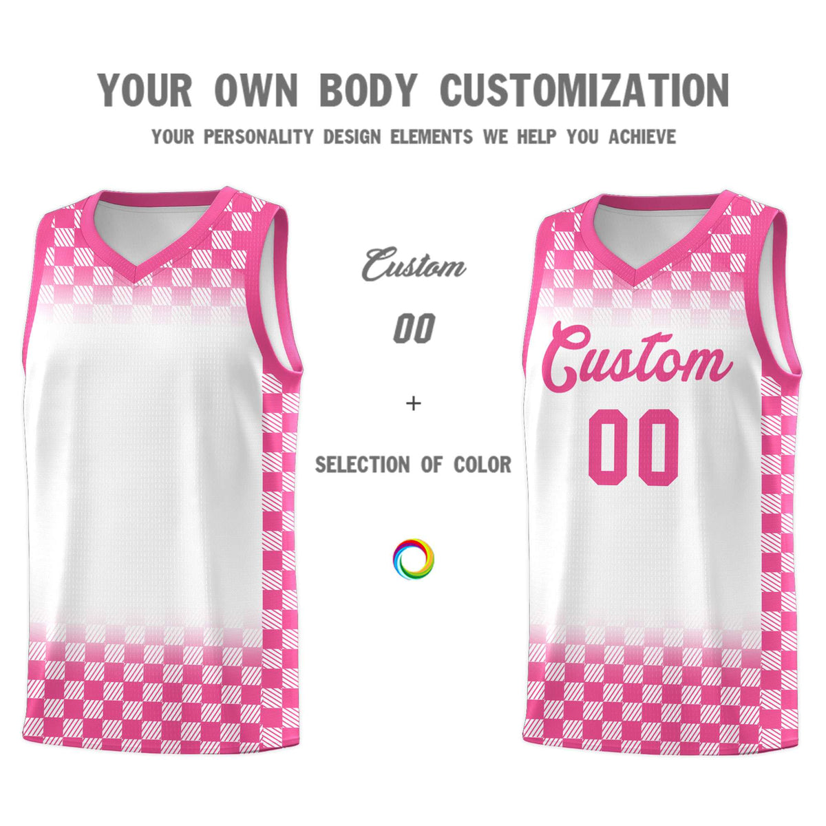Custom White Pink Classic Plaid Pattern Sports Uniform Basketball Jersey