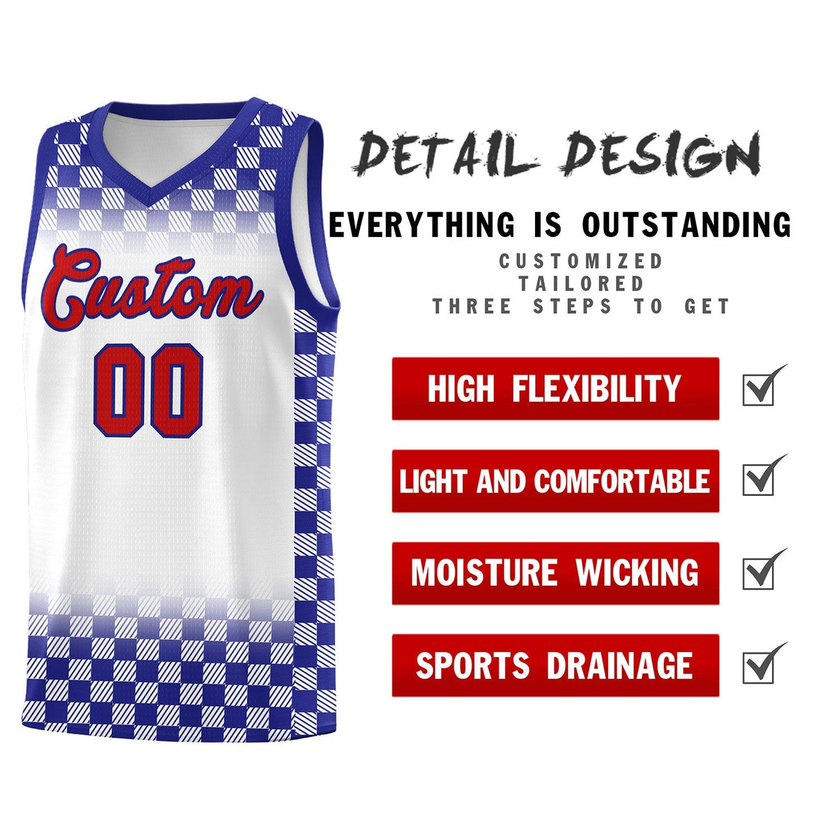 Custom White Royal Classic Plaid Pattern Sports Uniform Basketball Jersey