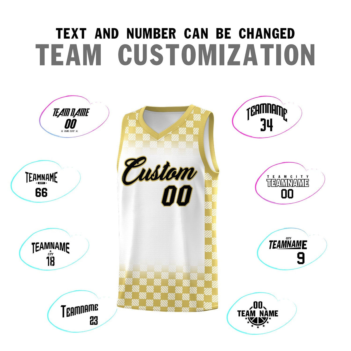 Custom White Old Gold Classic Plaid Pattern Sports Uniform Basketball Jersey