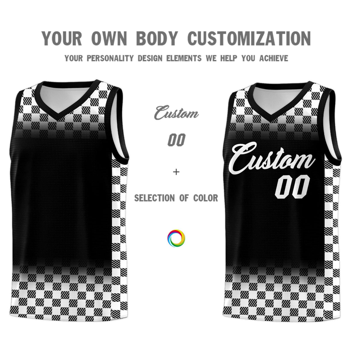 Custom Black White Classic Plaid Pattern Sports Uniform Basketball Jersey