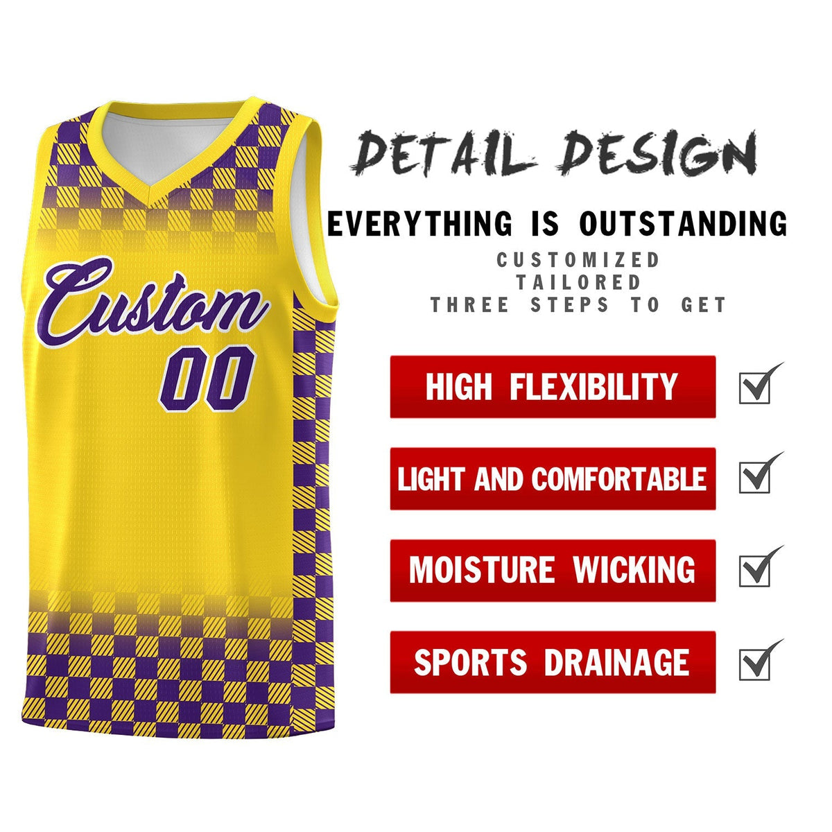 Custom Gold Purple Classic Plaid Pattern Sports Uniform Basketball Jersey