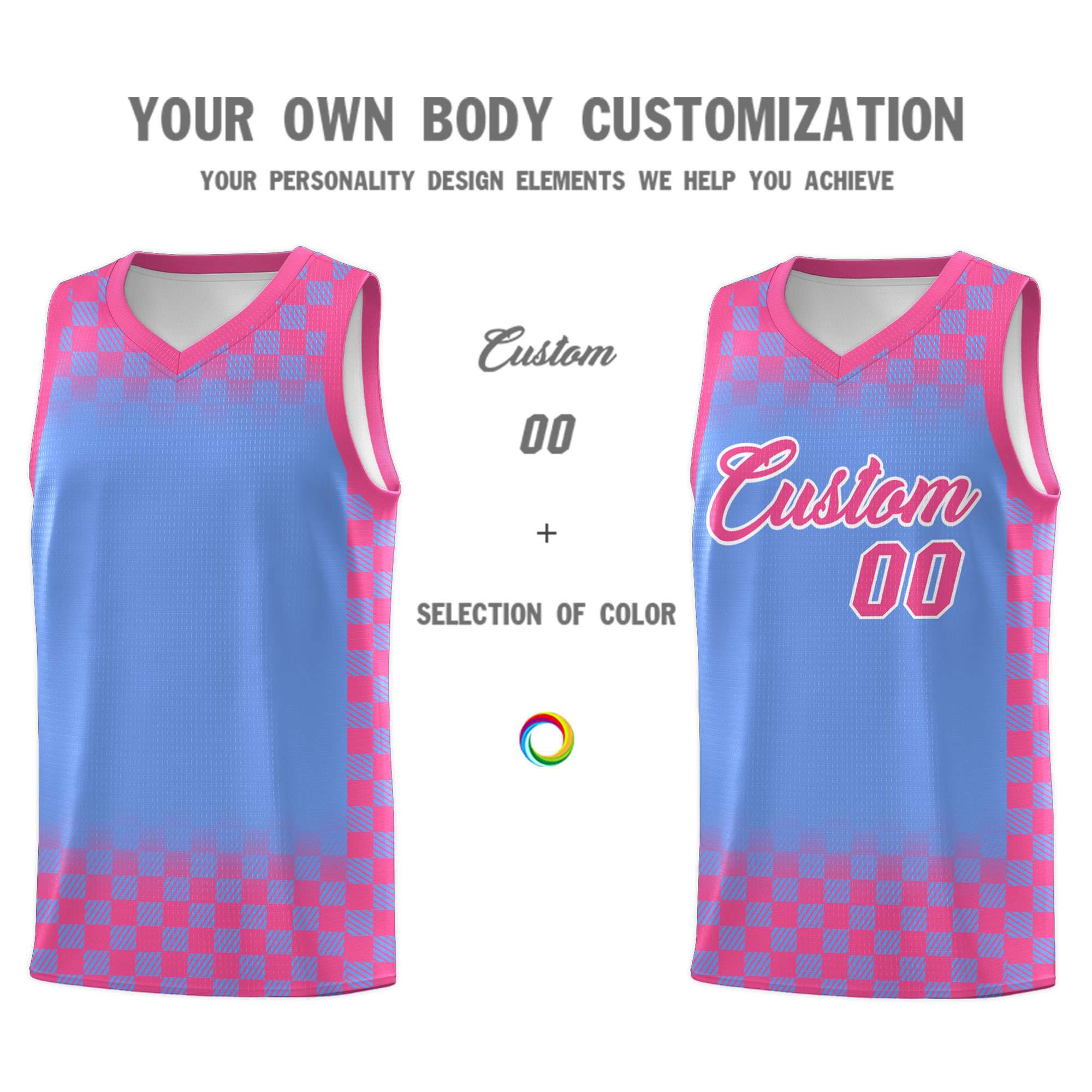 Custom Light Blue Pink Classic Plaid Pattern Sports Uniform Basketball Jersey