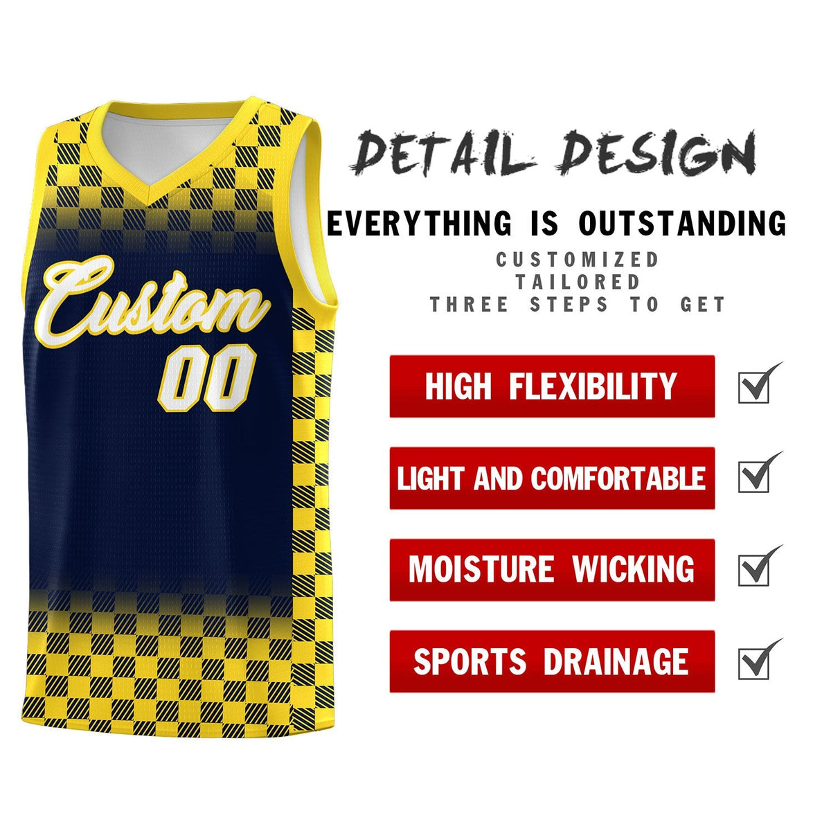 Custom Navy Gold Classic Plaid Pattern Sports Uniform Basketball Jersey