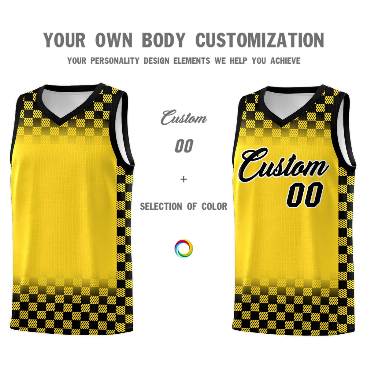 Custom Gold Black Classic Plaid Pattern Sports Uniform Basketball Jersey