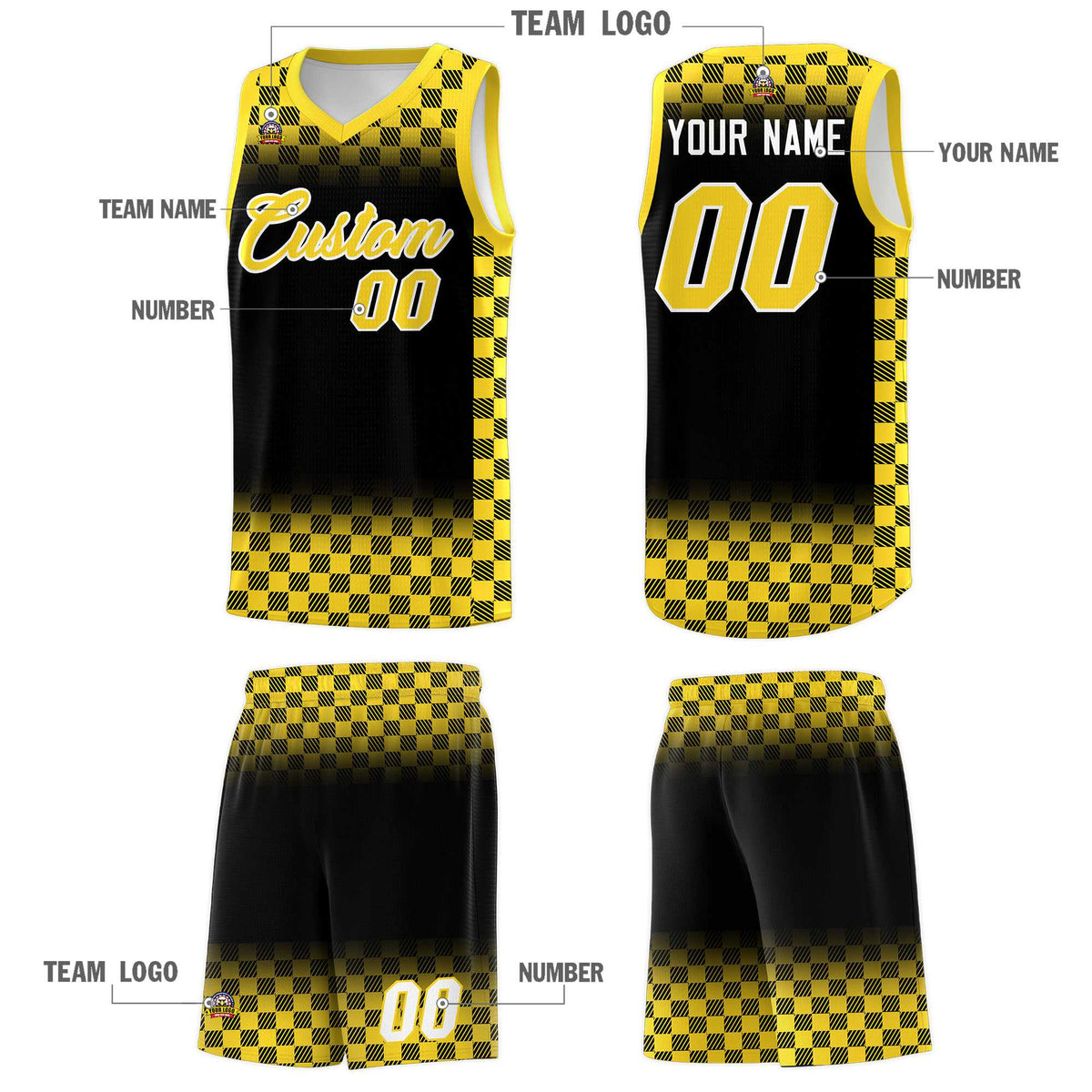 Custom Black Gold Classic Plaid Pattern Sports Uniform Basketball Jersey