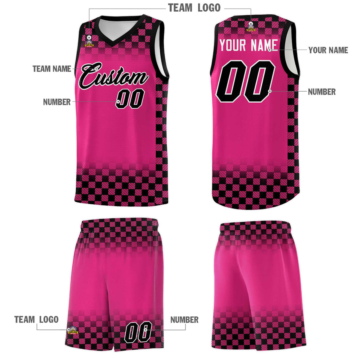 Custom Pink Black Classic Plaid Pattern Sports Uniform Basketball Jersey