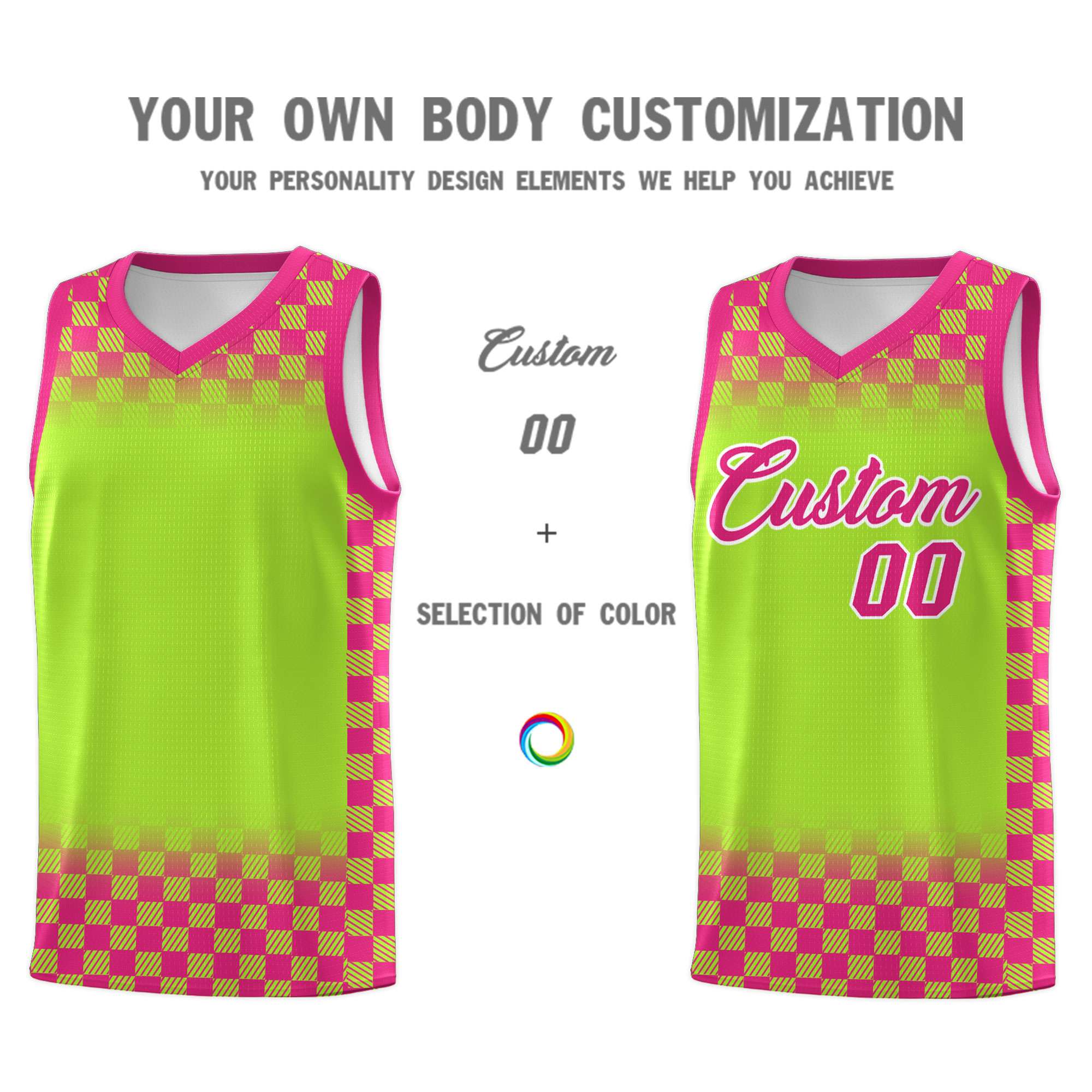 Custom Neon Green Pink Classic Plaid Pattern Sports Uniform Basketball Jersey
