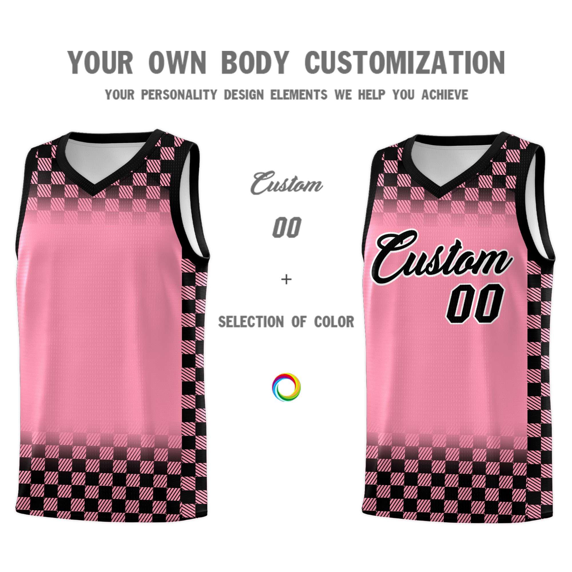 Custom Light Pink Black Classic Plaid Pattern Sports Uniform Basketball Jersey