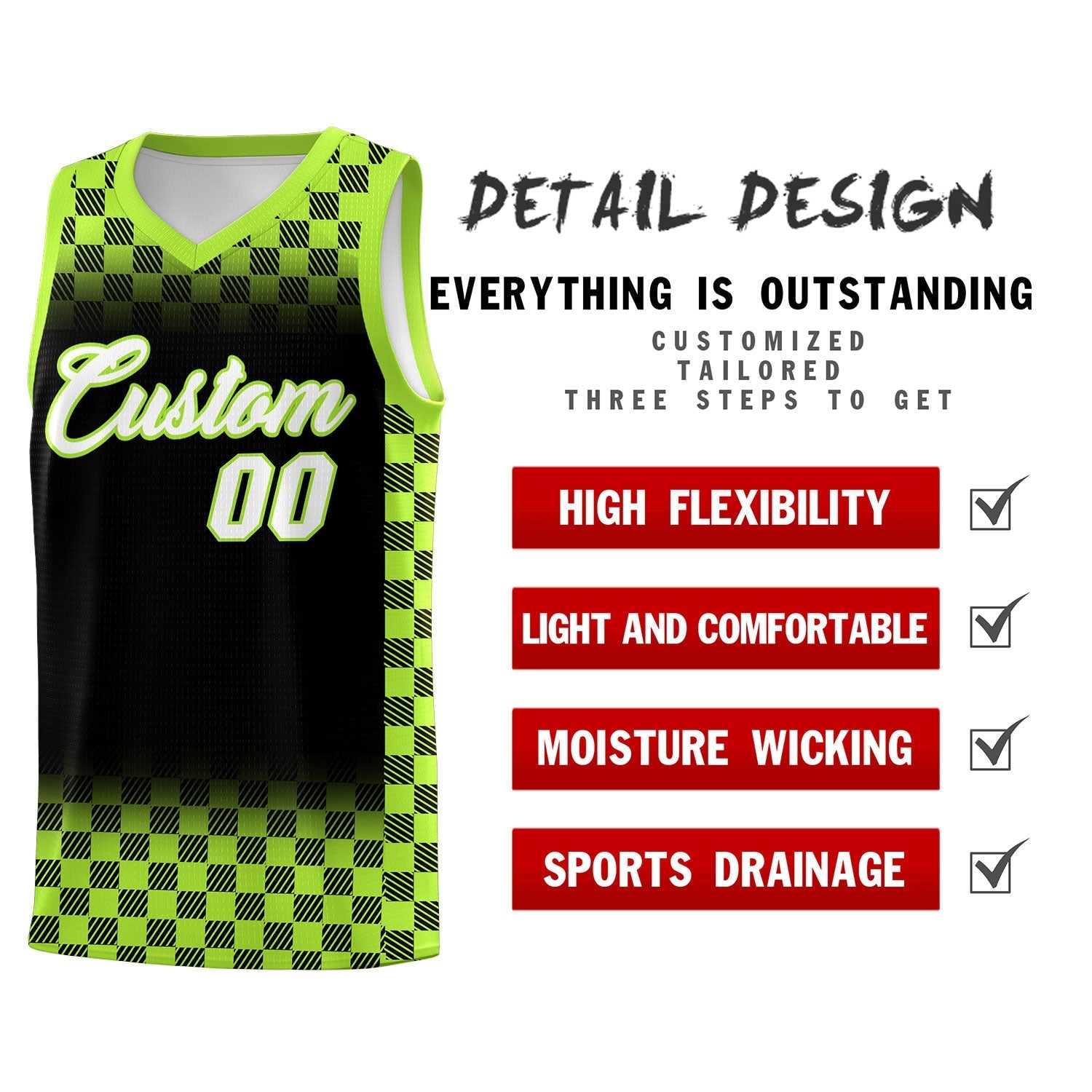Custom Black Neon Green Classic Plaid Pattern Sports Uniform Basketball Jersey