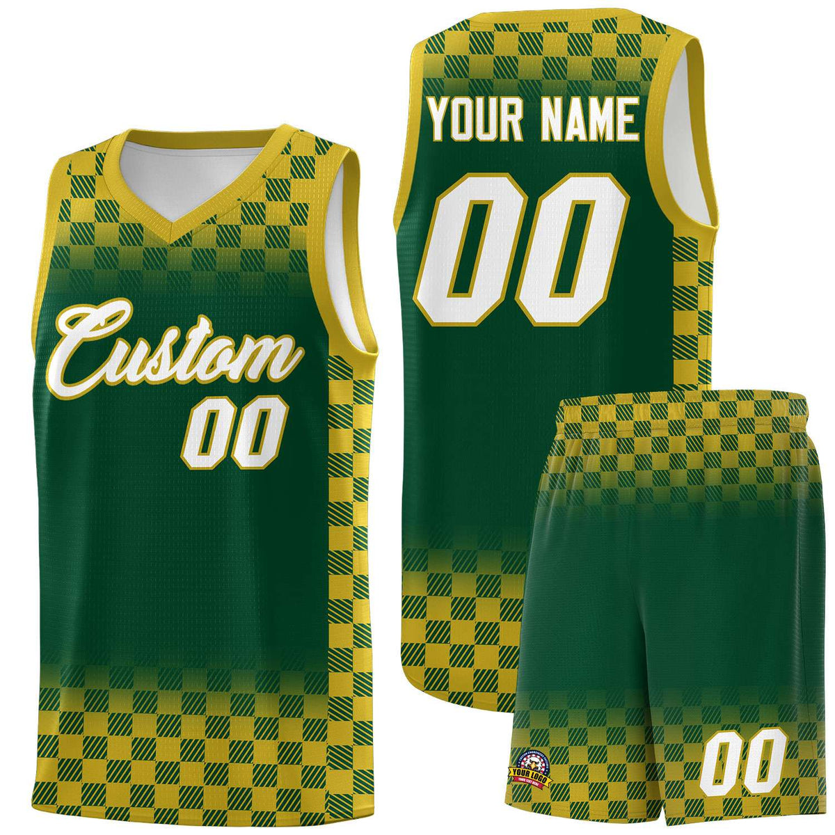 Custom Green Old Gold Classic Plaid Pattern Sports Uniform Basketball Jersey