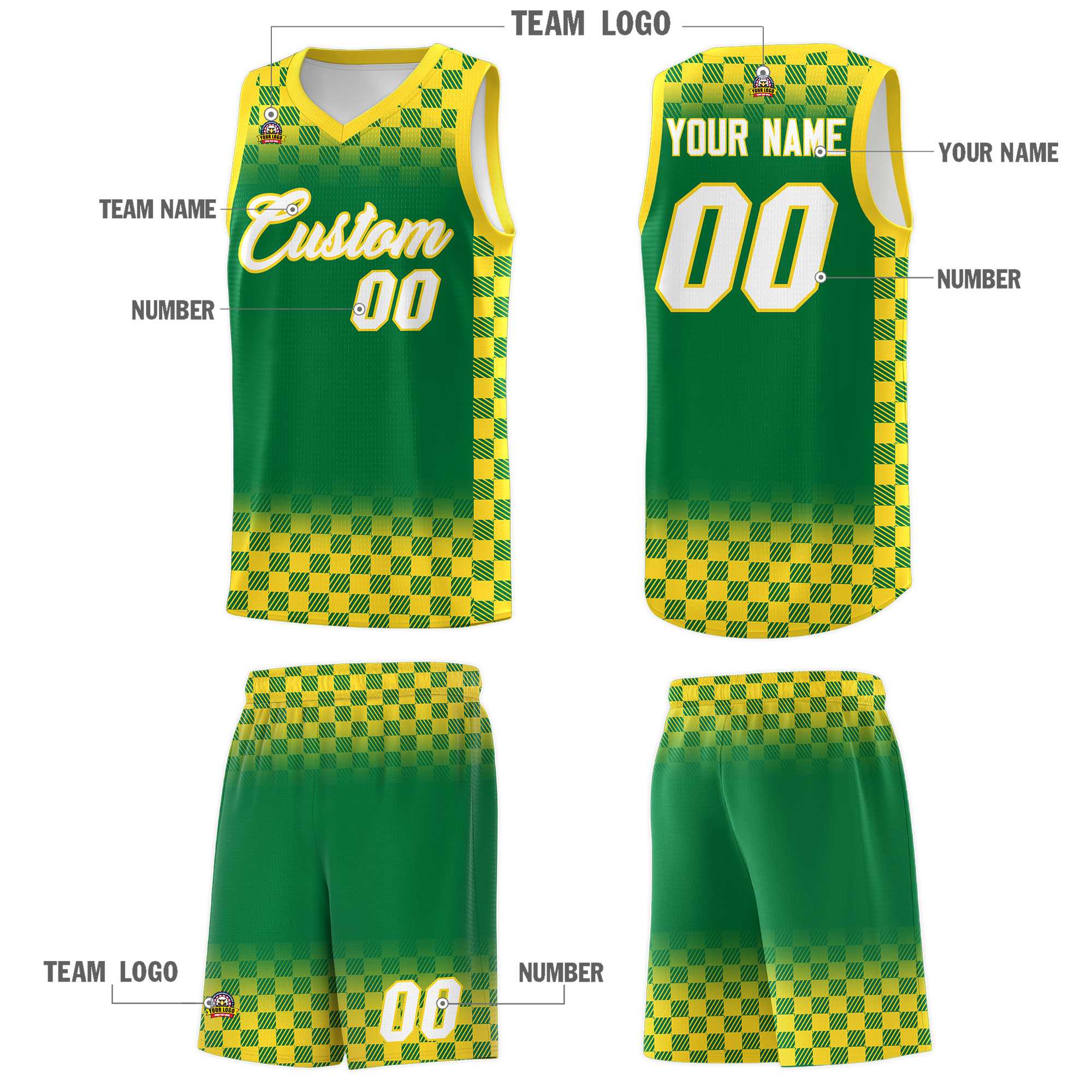 Custom Kelly Green Gold Classic Plaid Pattern Sports Uniform Basketball Jersey
