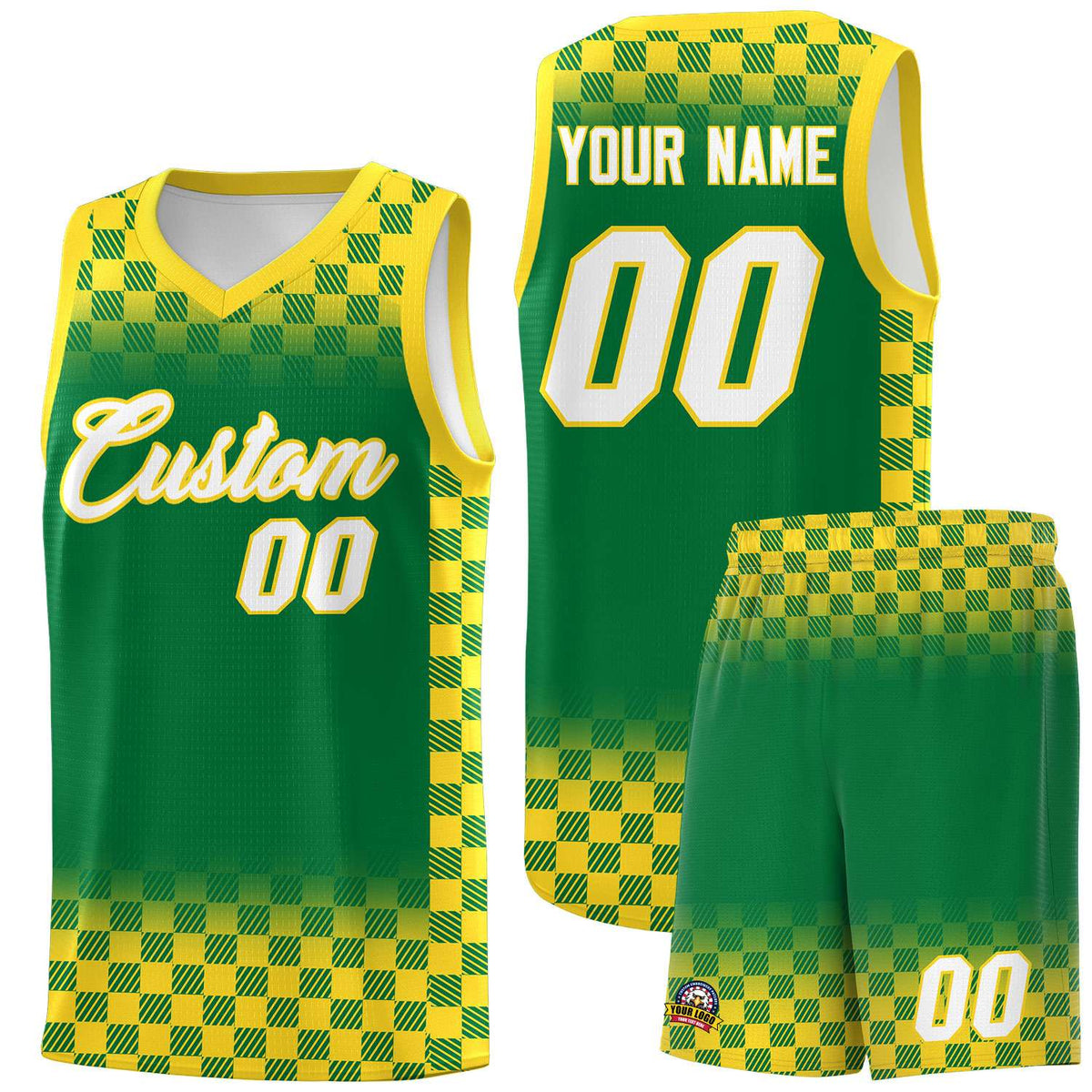 Custom Kelly Green Gold Classic Plaid Pattern Sports Uniform Basketball Jersey