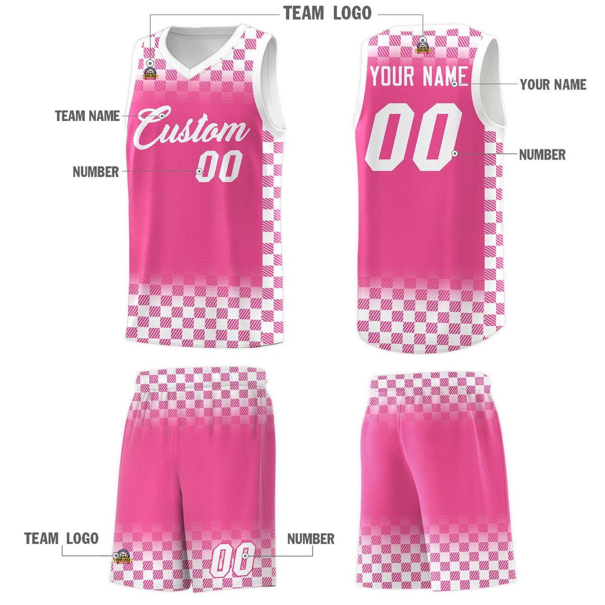 Custom Pink White Classic Plaid Pattern Sports Uniform Basketball Jersey