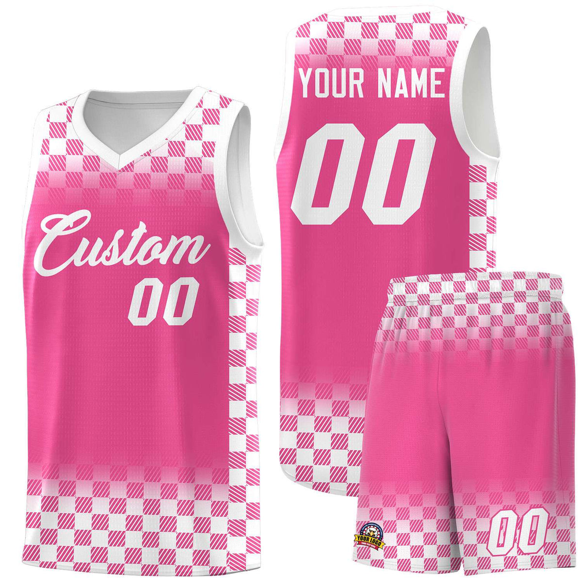 Custom Pink White Classic Plaid Pattern Sports Uniform Basketball Jersey