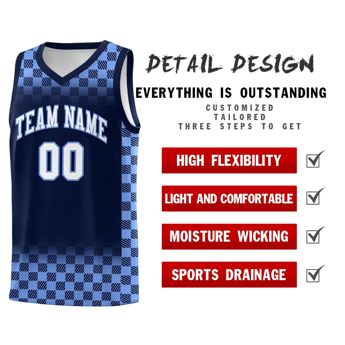 Custom Navy Light Blue Classic Plaid Pattern Sports Uniform Basketball Jersey