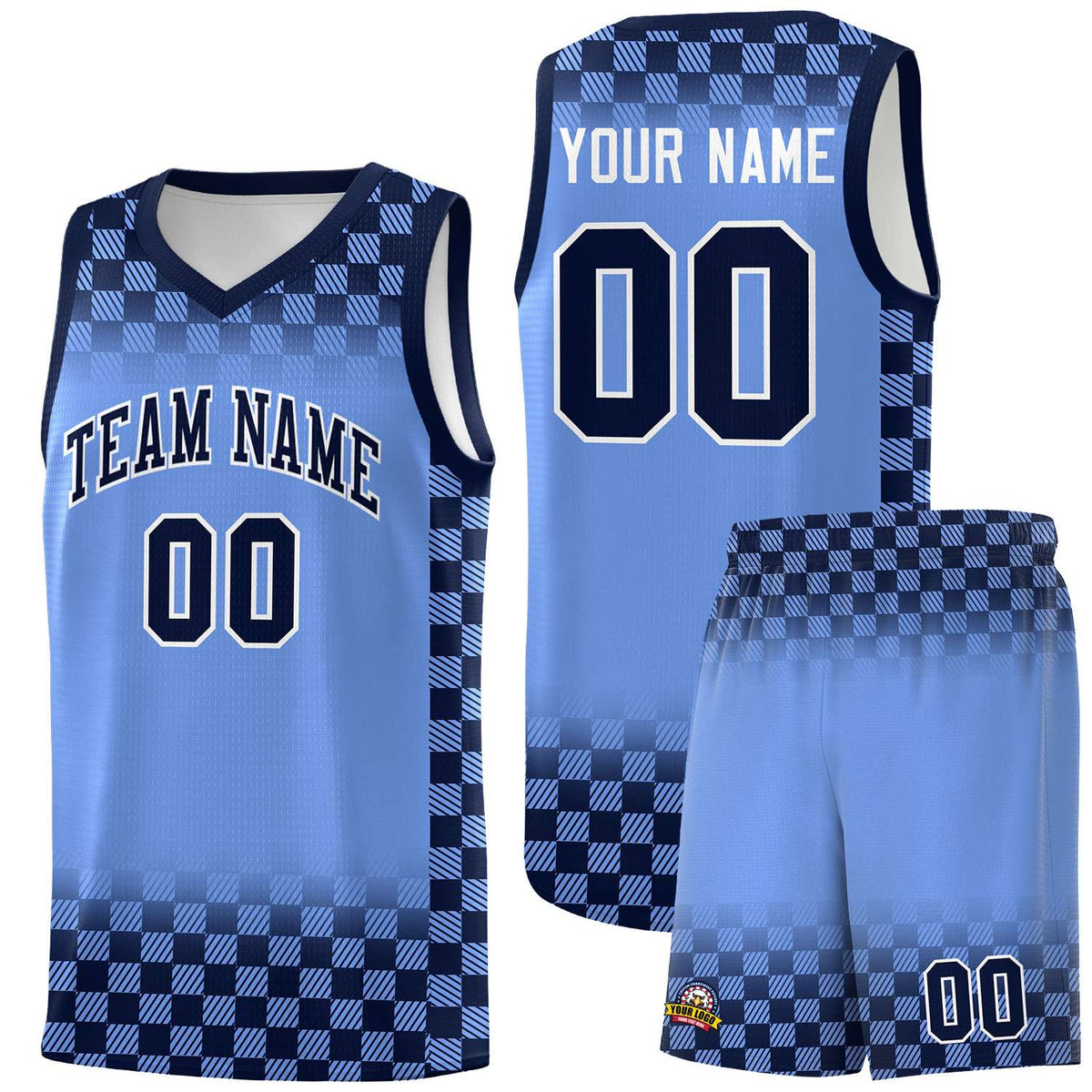 Custom Light Blue Navy Classic Plaid Pattern Sports Uniform Basketball Jersey