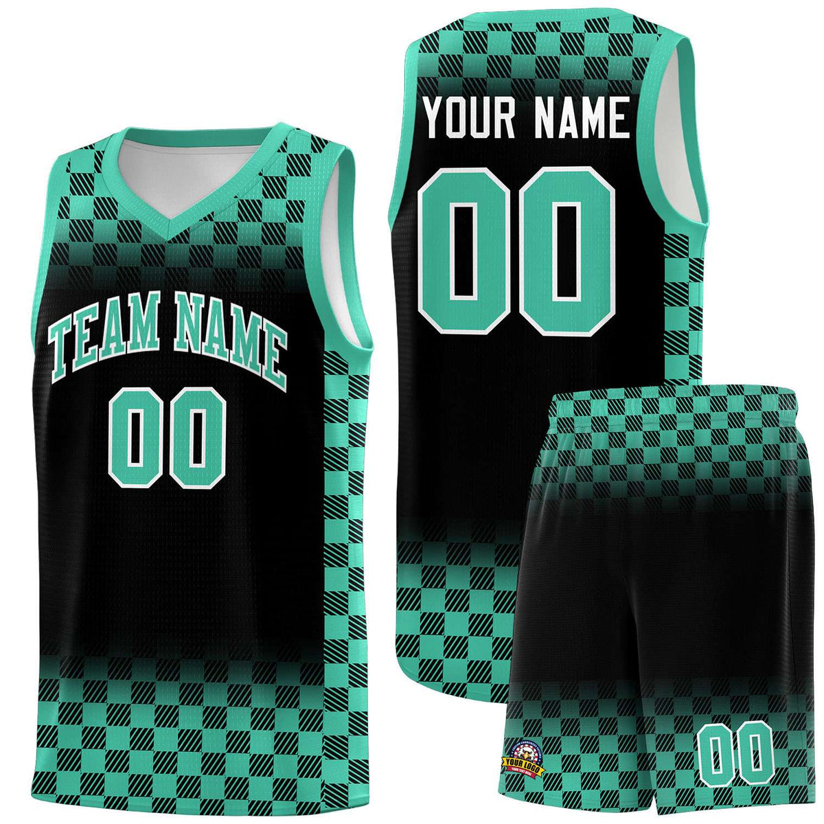 Custom Black Bright Green Classic Plaid Pattern Sports Uniform Basketball Jersey