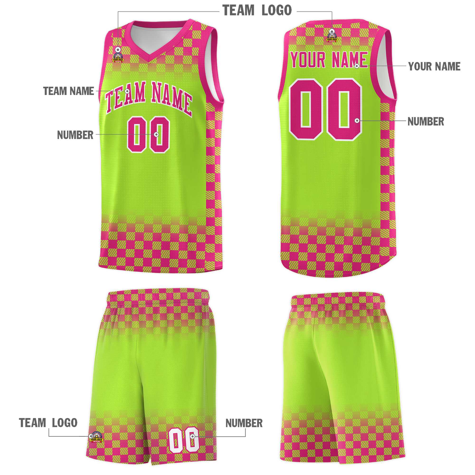 Custom Neon Green Pink Classic Plaid Pattern Sports Uniform Basketball Jersey
