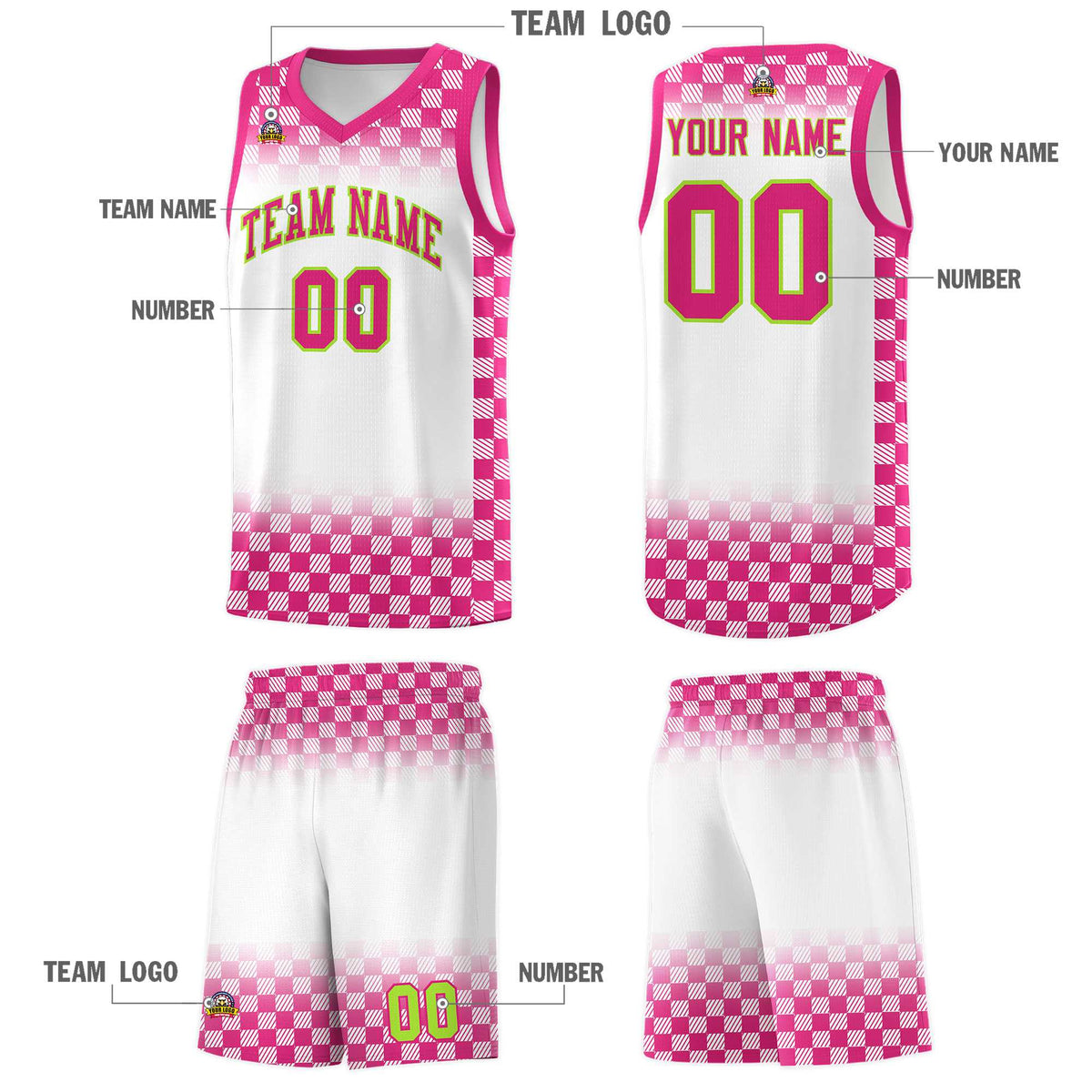 Custom White Pink Classic Plaid Pattern Sports Uniform Basketball Jersey