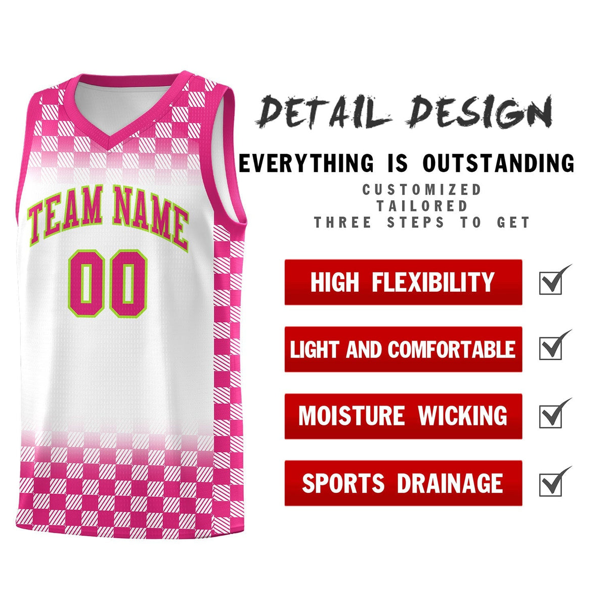 Custom White Pink Classic Plaid Pattern Sports Uniform Basketball Jersey