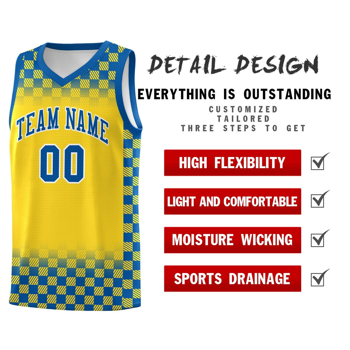 Custom Gold Royal Classic Plaid Pattern Sports Uniform Basketball Jersey