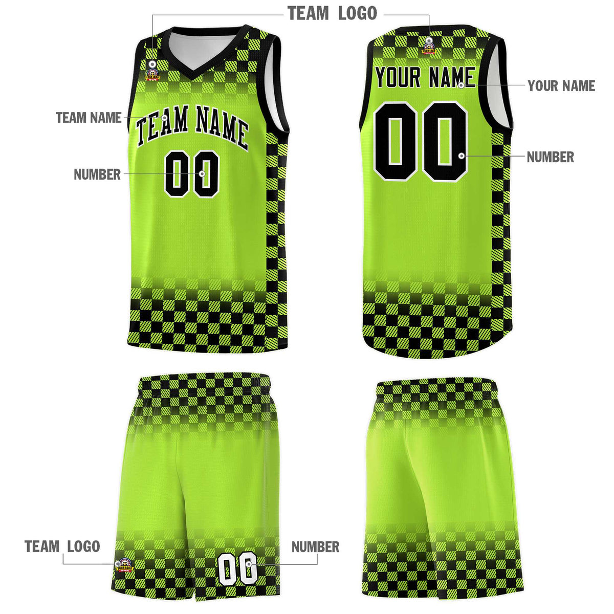 Custom Neon Green Black Classic Plaid Pattern Sports Uniform Basketball Jersey
