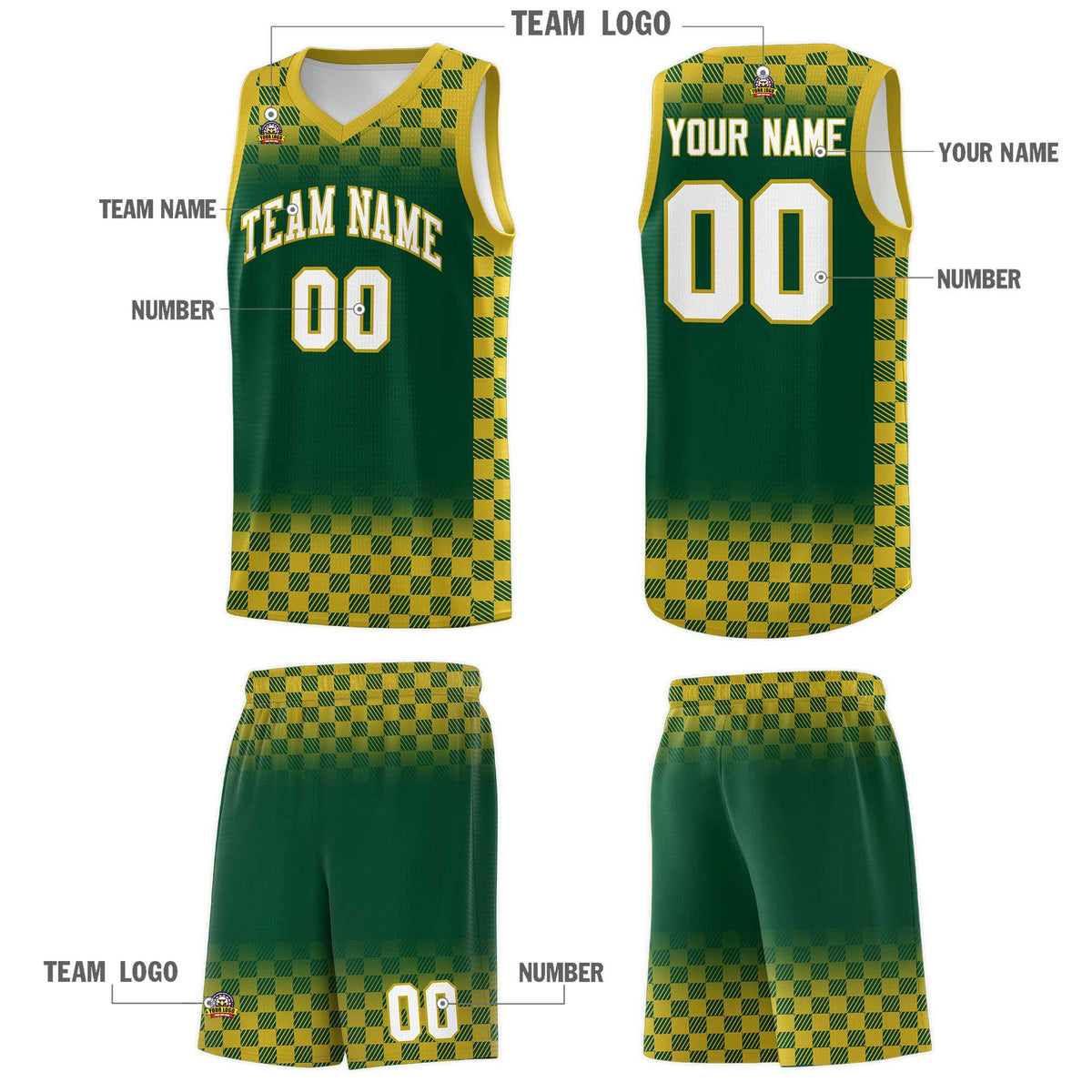 Custom Green Old Gold Classic Plaid Pattern Sports Uniform Basketball Jersey